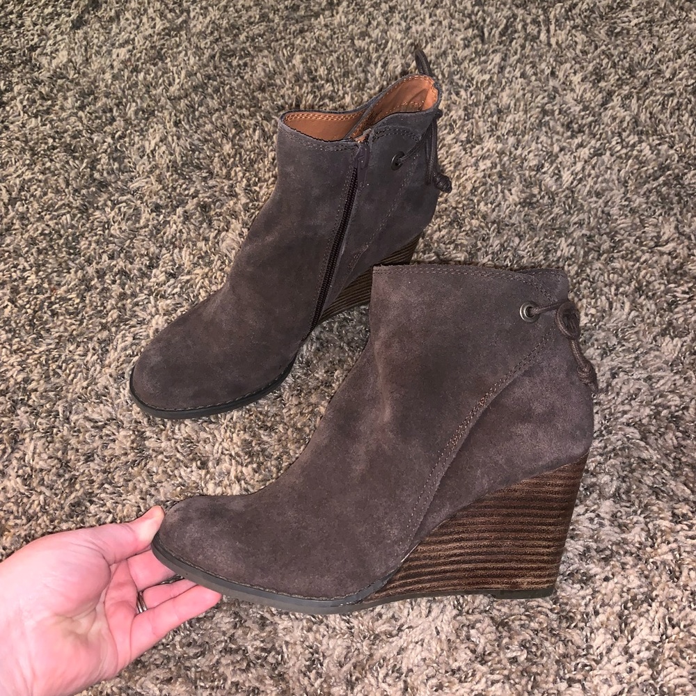 Lucky Brand Brown Suede Wedge Booties Size 7.5